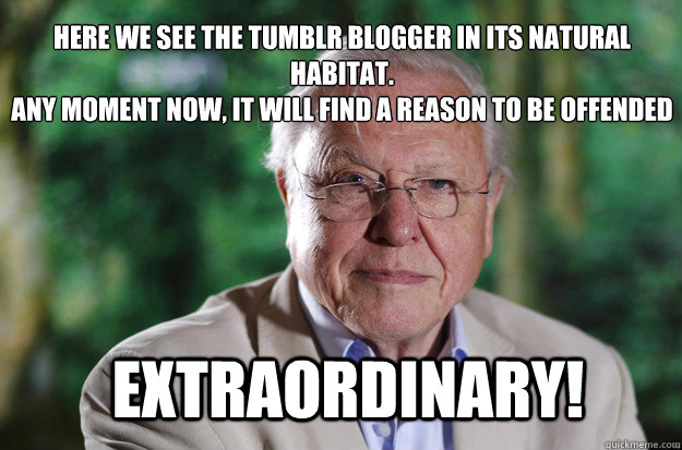 here we see the tumblr blogger in its natural habitat.
any moment now, it will find a reason to be offended extraordinary! - here we see the tumblr blogger in its natural habitat.
any moment now, it will find a reason to be offended extraordinary!  Condescending Sir David Attenborough