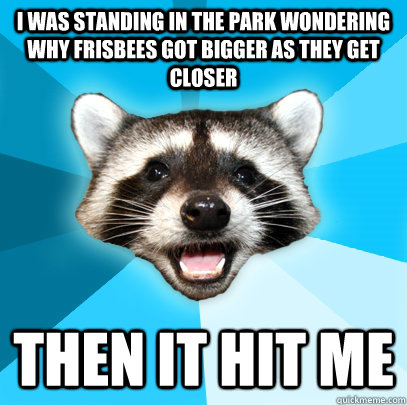 I WAS STANDING IN THE PARK WONDERING WHY FRISBEES GOT BIGGER AS THEY GET CLOSER THEN IT HIT ME  Lame Pun Coon