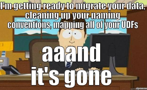 Data Migration - I'M GETTING READY TO MIGRATE YOUR DATA, CLEANING UP YOUR NAMING CONVENTIONS, MAPPING ALL OF YOUR UDFS AAAND IT'S GONE aaaand its gone