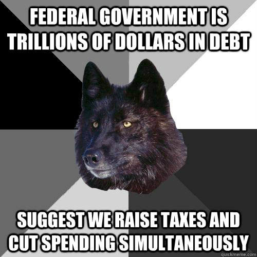 Federal government is trillions of dollars in debt Suggest we raise taxes and cut spending simultaneously  Sanity Wolf