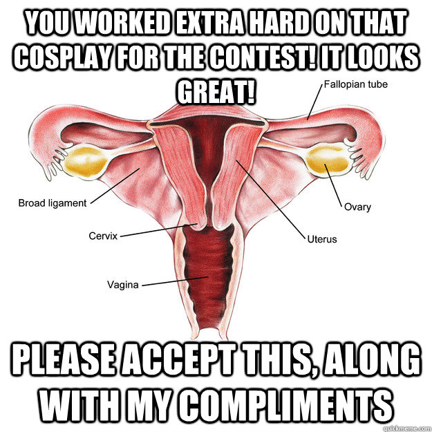 You worked extra hard on that cosplay for the contest! It looks great! please accept this, along with my compliments  Scumbag Uterus