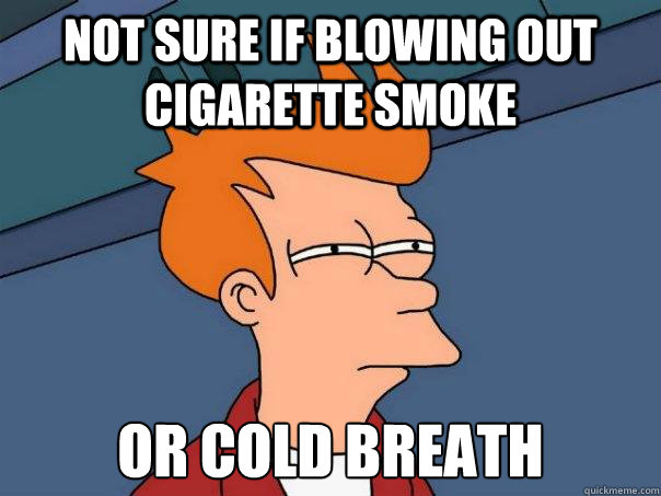 Not sure if blowing out cigarette smoke  Or cold breath - Not sure if blowing out cigarette smoke  Or cold breath  Futurama Fry