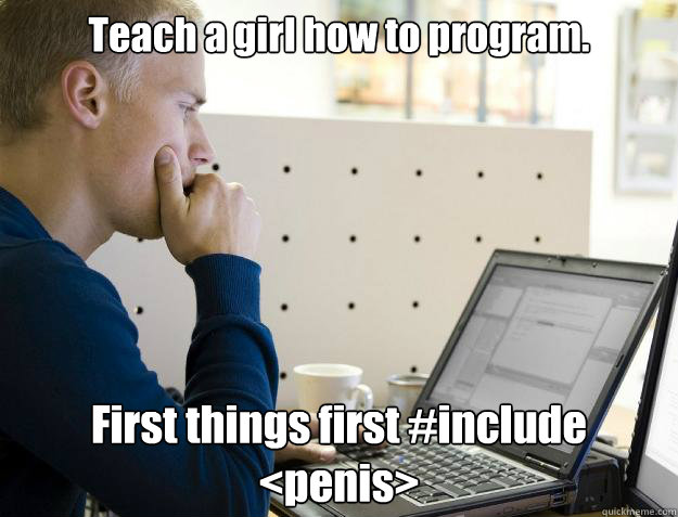 Teach a girl how to program. First things first #include <penis>  Programmer