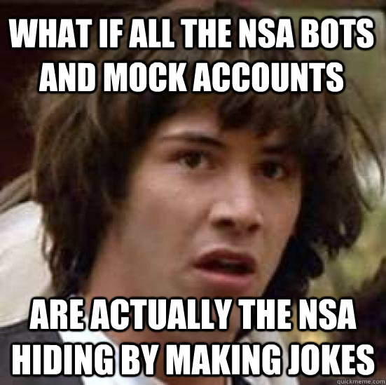 What if All the NSA bots and mock accounts are actually the nsa hiding by making jokes  conspiracy keanu