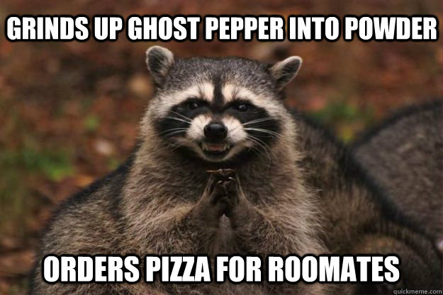 Grinds up ghost pepper into powder orders pizza for roomates - Grinds up ghost pepper into powder orders pizza for roomates  Evil Plotting Raccoon