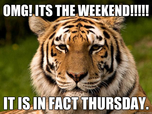 OMG! ITS THE WEEKEND!!!!!  It is in fact thursday.  - OMG! ITS THE WEEKEND!!!!!  It is in fact thursday.   Typical College Student Tiger