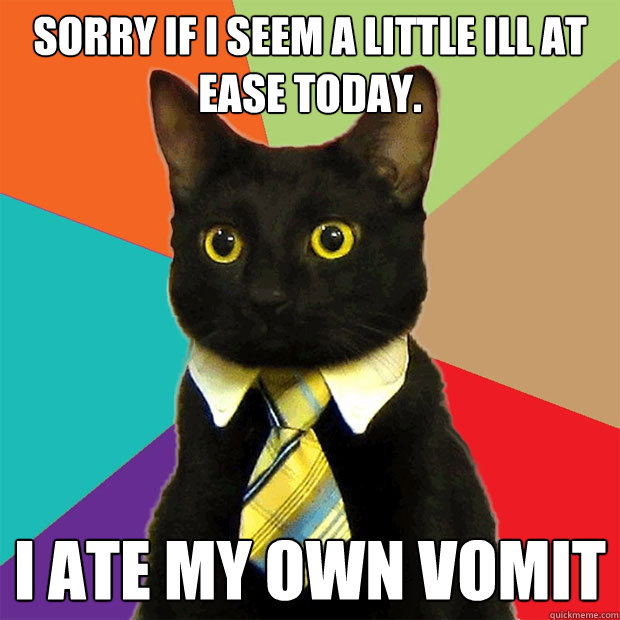 sorry if i seem a little ill at ease today. i ate my own vomit  Business Cat