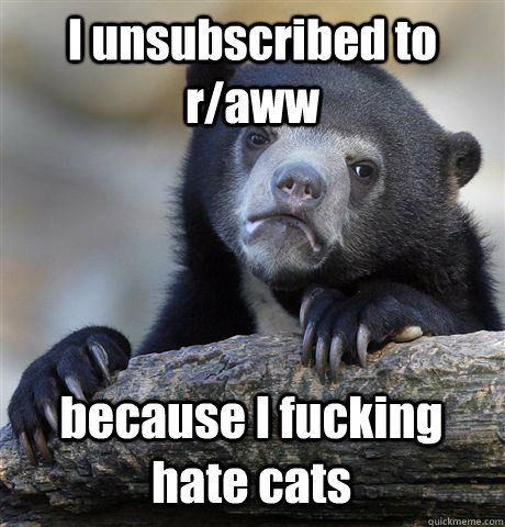 I unsubscribed to r/aww because I fucking hate cats  Confession Bear