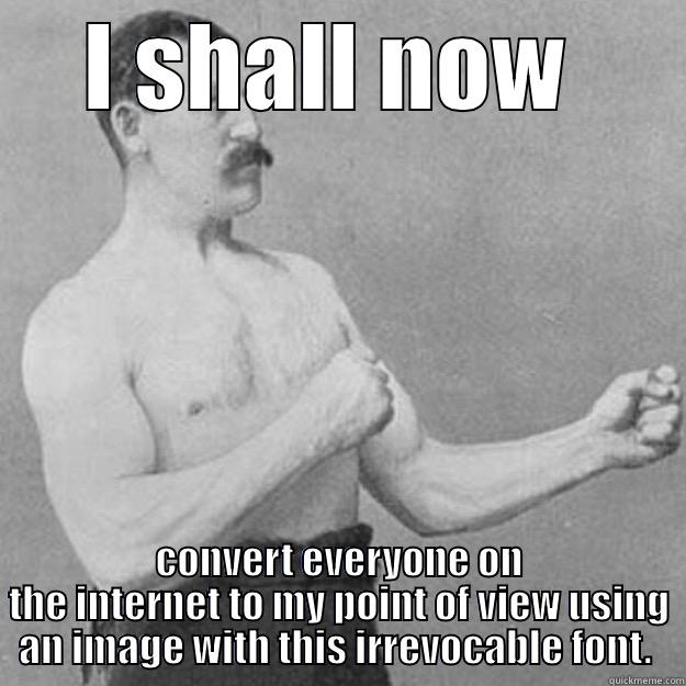 I SHALL NOW  CONVERT EVERYONE ON THE INTERNET TO MY POINT OF VIEW USING AN IMAGE WITH THIS IRREVOCABLE FONT.  overly manly man