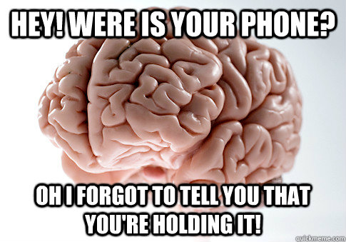 HEY! WERE IS YOUR PHONE? OH I FORGOT TO TELL YOU THAT YOU'RE HOLDING IT!  Scumbag Brain