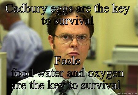 CADBURY EGGS ARE THE KEY TO SURVIVAL FALSE FOOD WATER AND OXYGEN ARE THE KEY TO SURVIVAL  Schrute