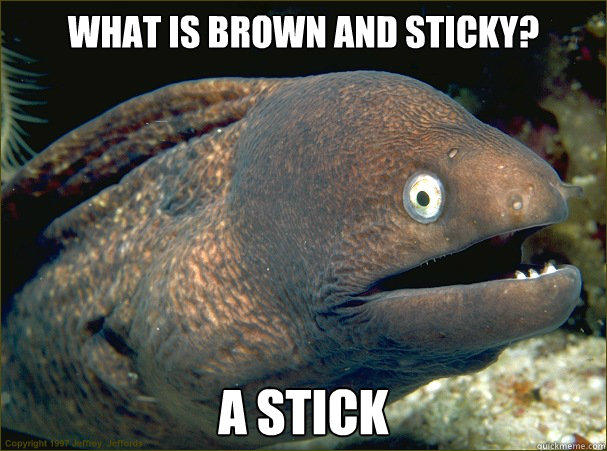 What is brown and sticky? A stick  Bad Joke Eel