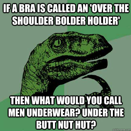 If a bra is called an 'over the shoulder bolder holder' then what would you call men underwear? Under the butt nut hut?  Philosoraptor