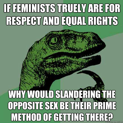 If feminists truely are for respect and equal rights  why would slandering the opposite sex be their prime method of getting there? - If feminists truely are for respect and equal rights  why would slandering the opposite sex be their prime method of getting there?  Philosoraptor