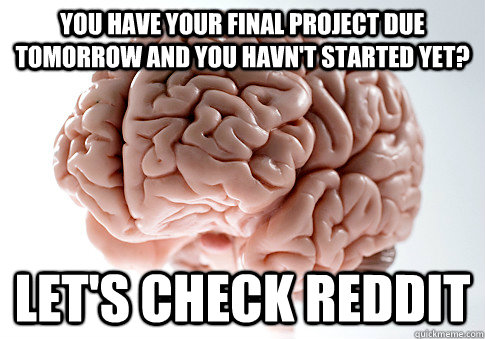 you have your final project due tomorrow and you havn't started yet? let's check reddit - you have your final project due tomorrow and you havn't started yet? let's check reddit  Scumbag Brain