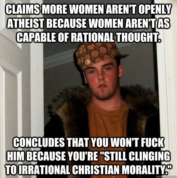 Claims more women aren't openly atheist because women aren't as capable of rational thought. Concludes that you won't fuck him because you're 