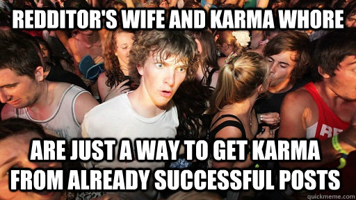 redditor's wife and karma whore are just a way to get karma from already successful posts  Sudden Clarity Clarence