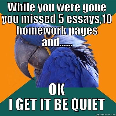 While you were gone! - WHILE YOU WERE GONE YOU MISSED 5 ESSAYS,10 HOMEWORK PAGES AND...... OK I GET IT BE QUIET Paranoid Parrot