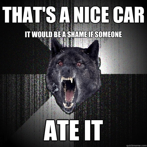 That's a nice car ate it it would be a shame if someone   Insanity Wolf