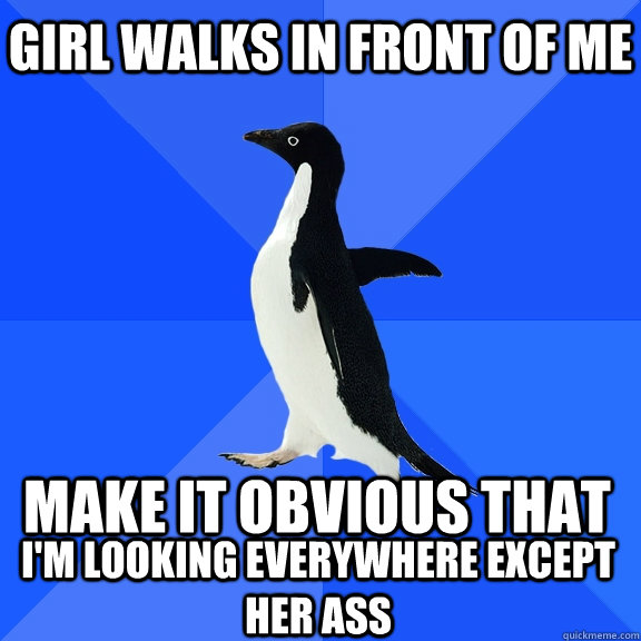 Girl walks in front of me Make it obvious that I'm looking everywhere except her ass   Socially Awkward Penguin