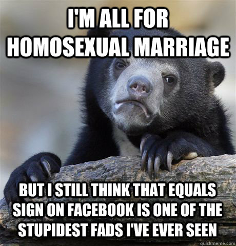 I'M ALL FOR HOMOSEXUAL MARRIAGE BUT I STILL THINK THAT EQUALS SIGN ON FACEBOOK IS ONE OF THE STUPIDEST FADS I'VE EVER SEEN  Confession Bear