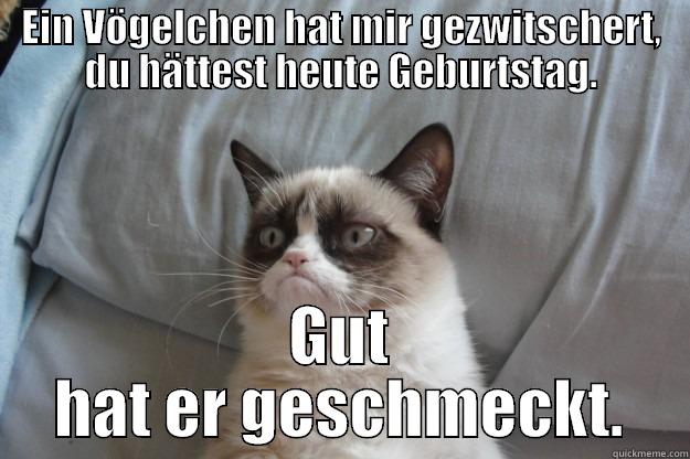 EIN VÖGELCHEN HAT MIR GEZWITSCHERT, DU HÄTTEST HEUTE GEBURTSTAG. GUT HAT ER GESCHMECKT. Grumpy Cat