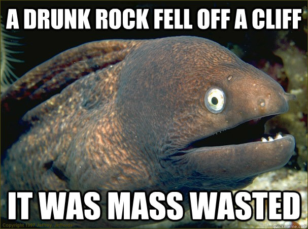 a drunk rock fell off a cliff it was mass wasted  Bad Joke Eel