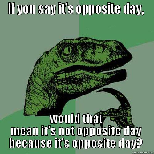 IF YOU SAY IT'S OPPOSITE DAY, WOULD THAT MEAN IT'S NOT OPPOSITE DAY BECAUSE IT'S OPPOSITE DAY? Philosoraptor