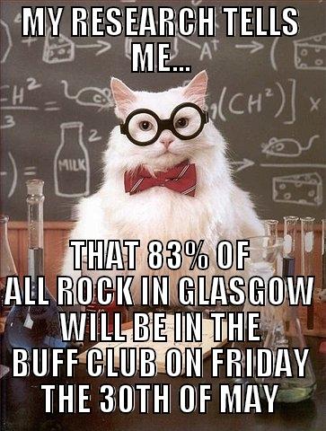 MY RESEARCH TELLS ME... THAT 83% OF ALL ROCK IN GLASGOW WILL BE IN THE BUFF CLUB ON FRIDAY THE 30TH OF MAY Chemistry Cat