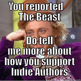 YOU REPORTED     THE BEAST DO TELL ME MORE ABOUT HOW YOU SUPPORT INDIE AUTHORS Condescending Wonka