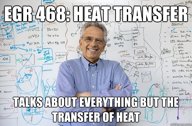 EGR 468: heat transfer talks about everything but the transfer of heat  Engineering Professor