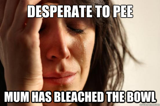 Desperate to pee Mum has bleached the bowl - Desperate to pee Mum has bleached the bowl  First World Problems