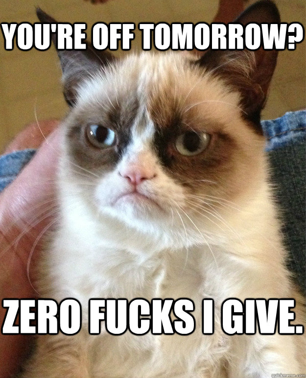 You're off tomorrow? zero fucks I give.  Grumpy Cat