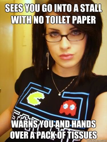 Sees you go into a stall with no toilet paper Warns you and hands over a pack of tissues  Cool Chick Carol