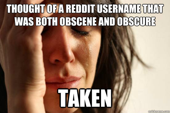 thought of a reddit username that was both obscene and obscure taken  First World Problems