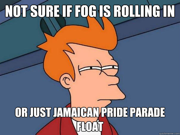 Not sure if fog is rolling in or just Jamaican pride parade float  - Not sure if fog is rolling in or just Jamaican pride parade float   Futurama Fry