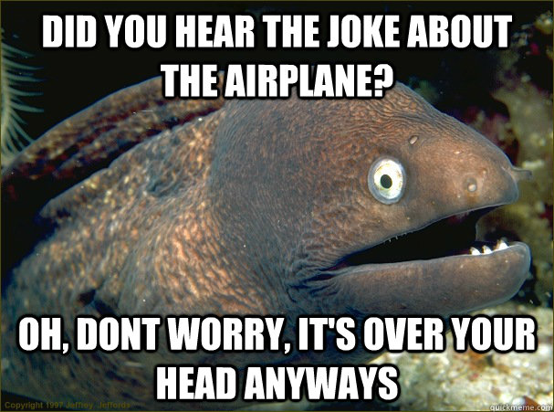 DId you hear the joke about the airplane? Oh, dont worry, it's over your head anyways  Bad Joke Eel