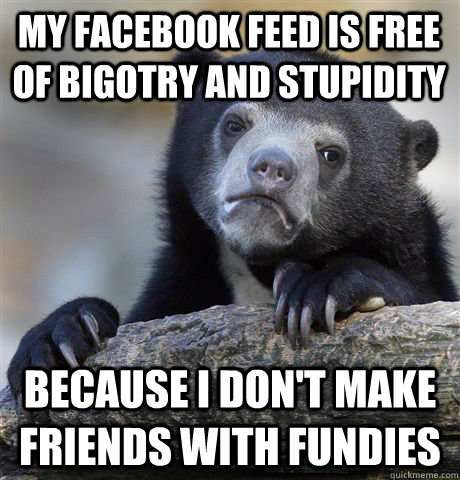 My facebook feed is free of bigotry and stupidity Because I don't make friends with fundies - My facebook feed is free of bigotry and stupidity Because I don't make friends with fundies  Confession Bear