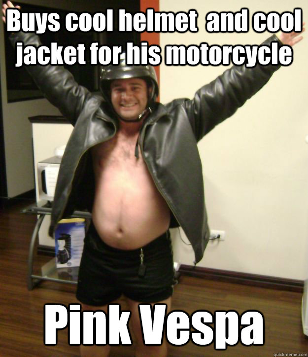 Buys cool helmet  and cool jacket for his motorcycle  Pink Vespa  