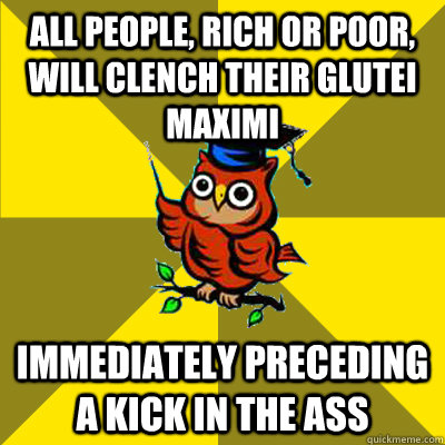 all people, rich or poor, will clench their glutei maximi immediately preceding a kick in the ass - all people, rich or poor, will clench their glutei maximi immediately preceding a kick in the ass  Observational Owl