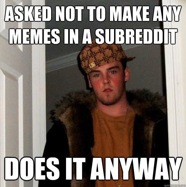 asked not to make any memes in a subreddit does it anyway  Scumbag Steve