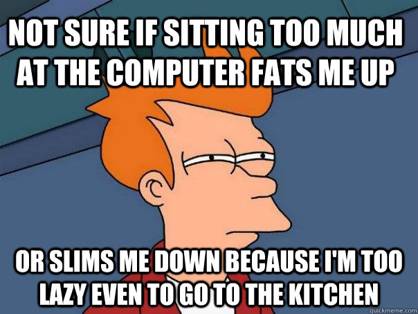 Not sure if sitting too much at the computer fats me up or slims me down because I'm too lazy even to go to the kitchen  Futurama Fry