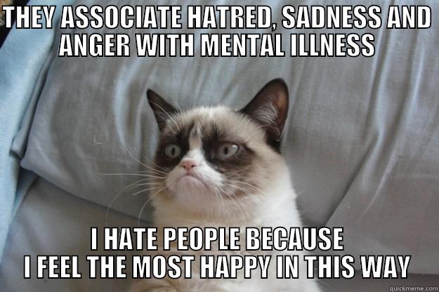 THEY ASSOCIATE HATRED, SADNESS AND ANGER WITH MENTAL ILLNESS I HATE PEOPLE BECAUSE I FEEL THE MOST HAPPY IN THIS WAY Grumpy Cat