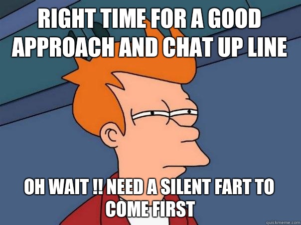 Right time for a good approach and chat up line  Oh wait !! Need a silent fart to come first  Futurama Fry