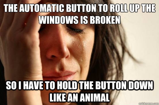 The automatic button to roll up the windows is broken so I have to hold the button down like an animal - The automatic button to roll up the windows is broken so I have to hold the button down like an animal  First World Problems