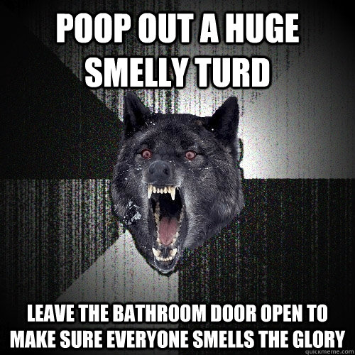 Poop out a huge smelly turd leave the bathroom door open to make sure everyone smells the glory - Poop out a huge smelly turd leave the bathroom door open to make sure everyone smells the glory  Insanity Wolf