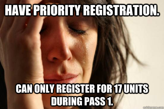 Have priority registration. Can only register for 17 units during pass 1.  First World Problems