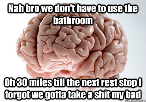 Nah bro we don't have to use the bathroom Oh 30 miles till the next rest stop I forgot we gotta take a shit my bad  Scumbag Brain