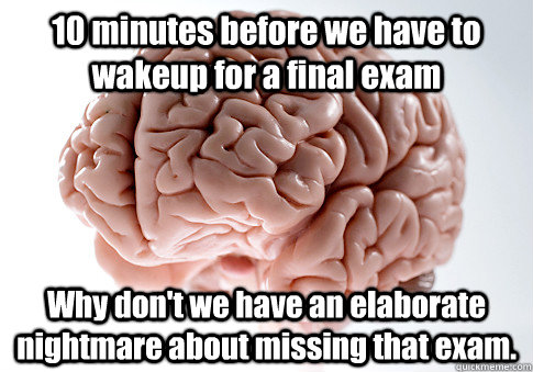 10 minutes before we have to wakeup for a final exam Why don't we have an elaborate nightmare about missing that exam.  Scumbag Brain