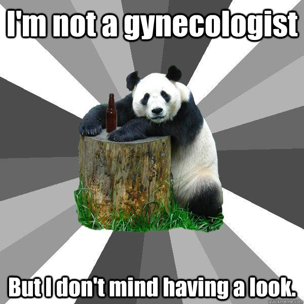 I'm not a gynecologist But I don't mind having a look.  Pickup-Line Panda